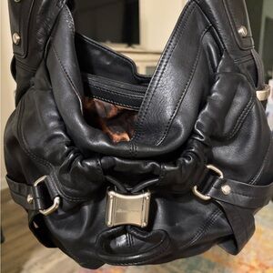 B. Makowsky Black Leather Shoulder Hobo with Silver Hardware